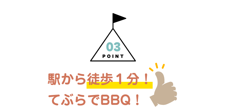 POINT03：北田辺駅から徒歩１分！てぶらでBBQ！